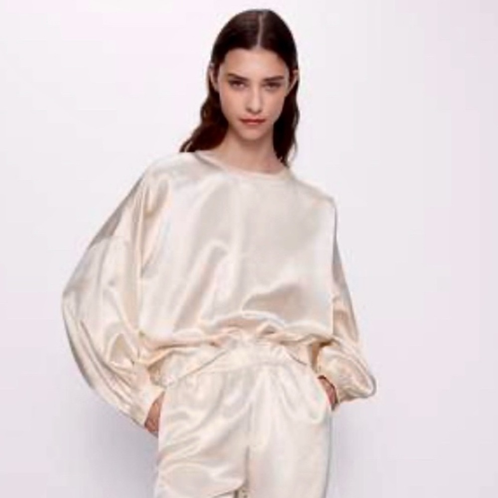 Zara - Silky Cream Satin Long Sleeve Top - Size M